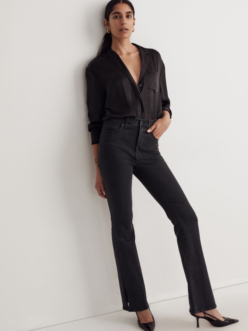 MADEWELL High Rise Flare Jeans Bellhaven Black Wash Slit-Hem Edition Stretch 28